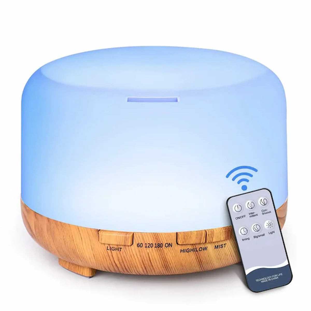 Diffuseur d’aromathérapie 500ml avec humidificateur, LED 7 couleurs, et télécommande.