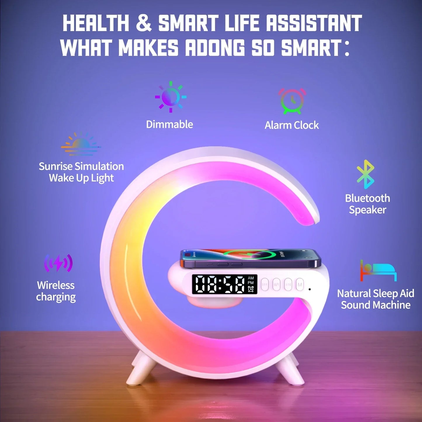 Lampe connectée RGB 4-en-1 – Station 15W, enceinte Bluetooth & support téléphone