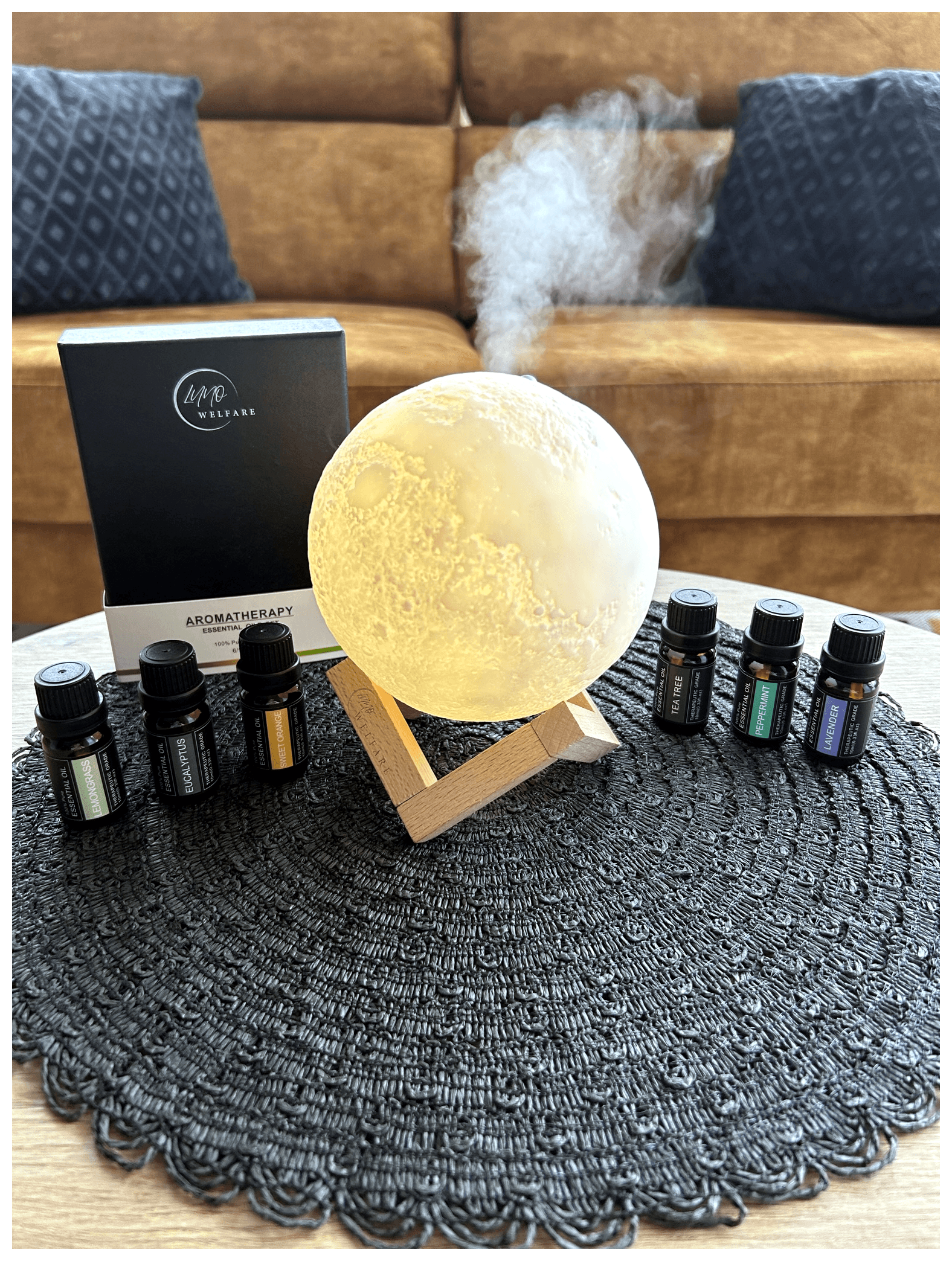 Coffret aromathérapie avec diffuseur LED et huiles essentielles pures