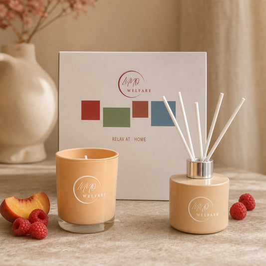 Coffret bougie parfumée framboise pêche avec diffuseur à bâtonnets rechargeable