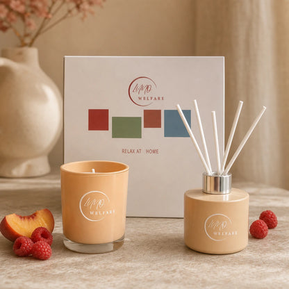 Lot de 2 Coffrets Bougie & Diffuseur Pêche Framboise