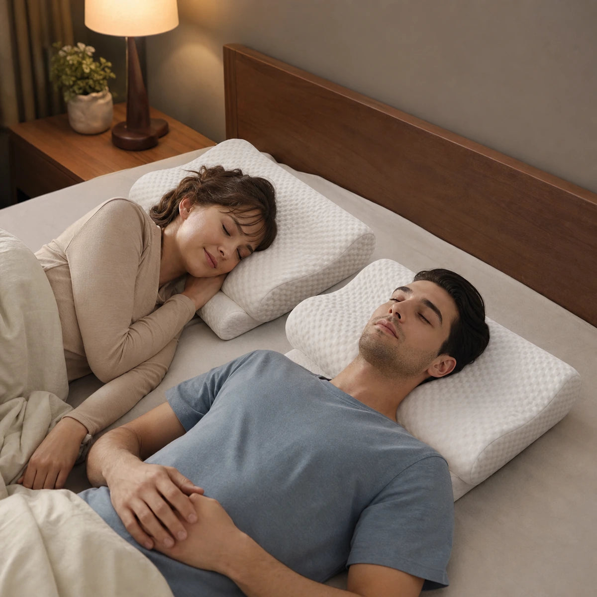 Couple utilisant deux oreillers cervicaux 50D à double hauteur pour dormir sur le dos et le côté