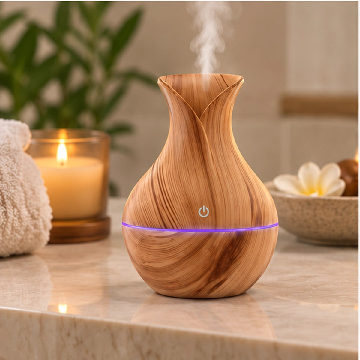 Diffuseur USB ultrasonique 130 ml bois clair dans une ambiance spa