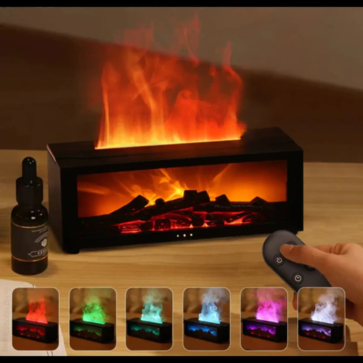 Diffuseur flamme noir allumé avec télécommande et aperçu des couleurs LED RGB