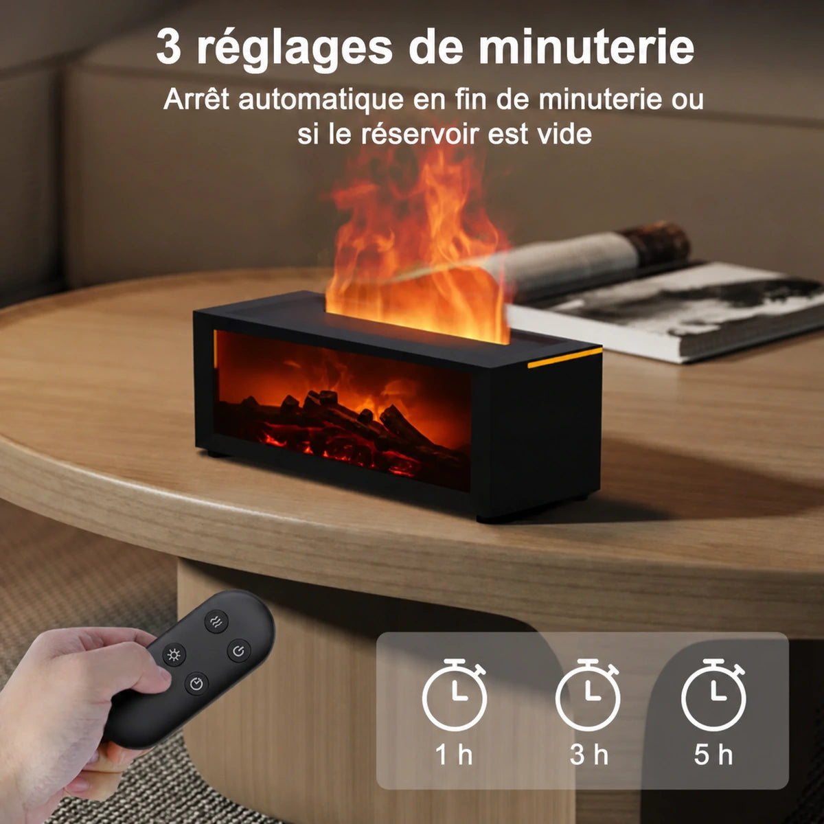 Diffuseur flamme noir commandé à distance avec minuterie 1 h, 3 h et 5 h