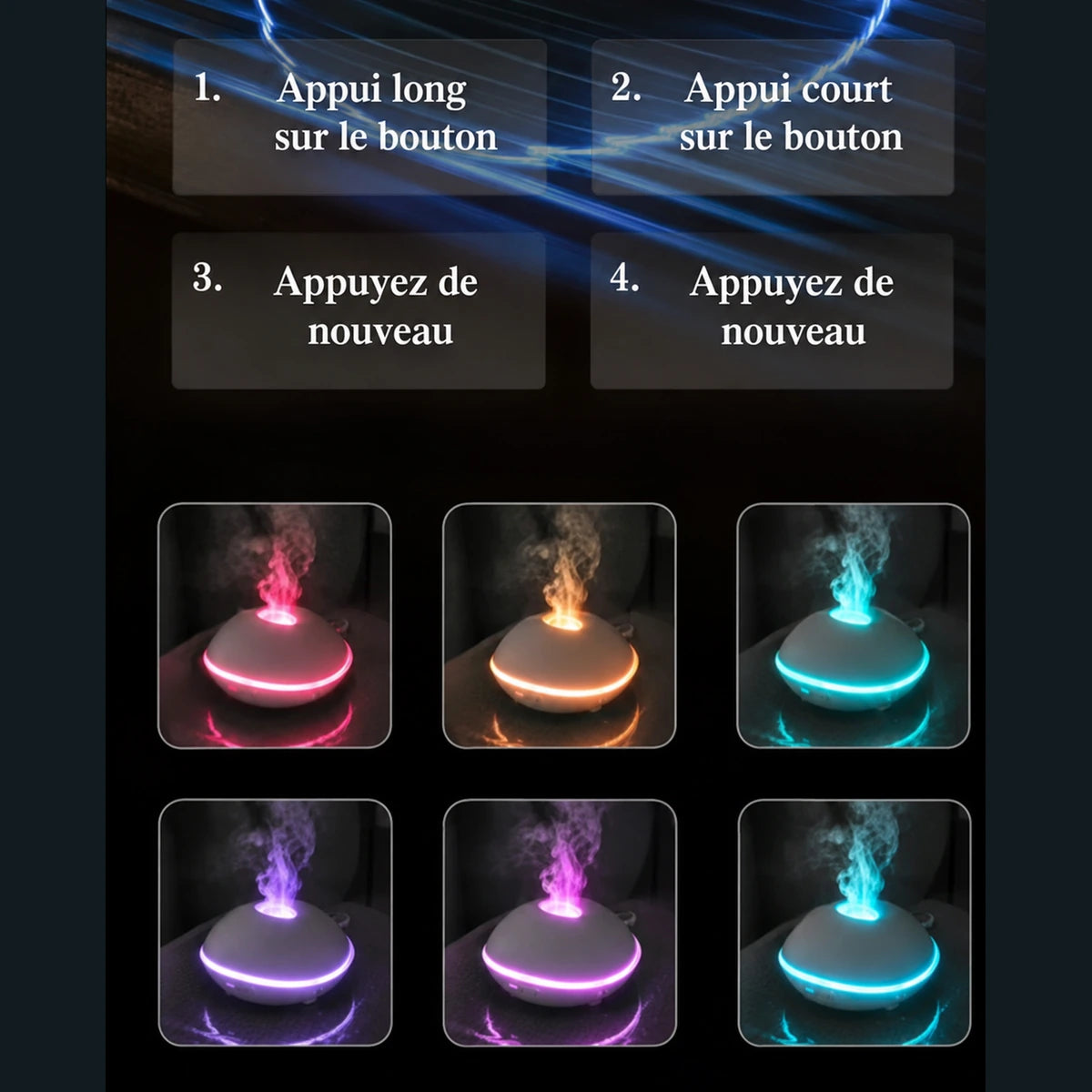 Commande intégrée et couleurs LED du diffuseur effet flamme