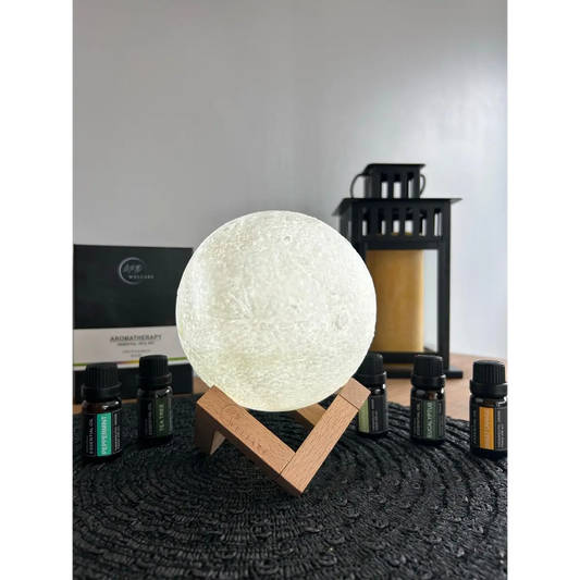 Lot diffuseur 3D Lune ultrasonique LED avec coffret 6 huiles essentielles pures.