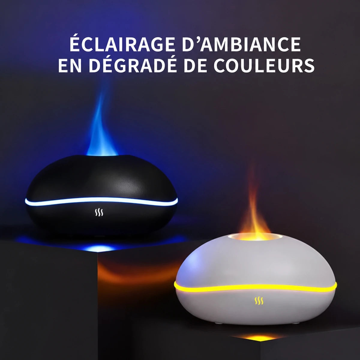 Diffuseurs effet flamme noir et blanc avec éclairage LED en dégradé