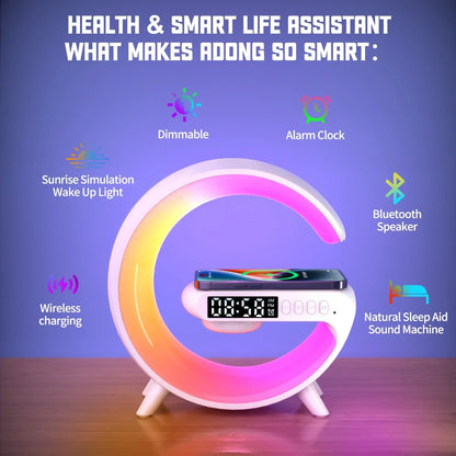 Lampe connectée RGB 4-en-1 – Station 15W, enceinte Bluetooth & support téléphone

