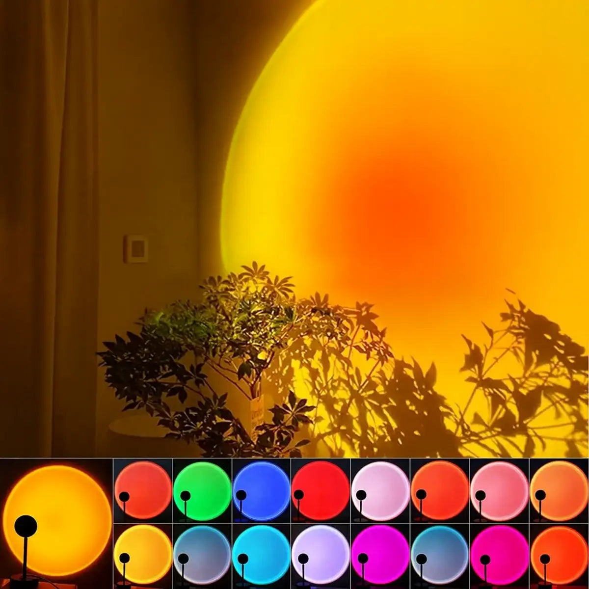 Projecteur LED coucher de soleil RGB avec 16 couleurs, créant un large halo lumineux chaleureux sur le mur. Idéal pour ambiance déco et prises de vue.