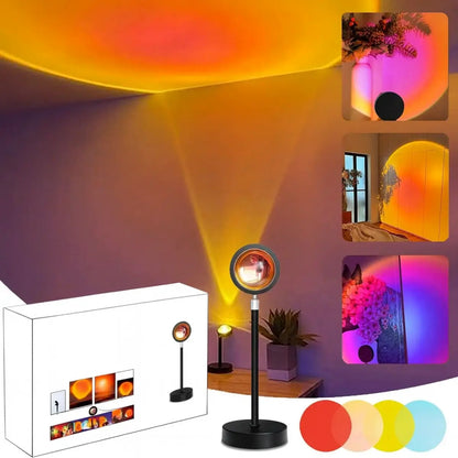 Lampe Sunset LED noire avec tête orientable projetant un halo dégradé type coucher de soleil