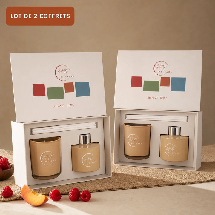 Lot de deux coffrets bougie parfumée framboise pêche et diffuseur à bâtonnets rechargeable