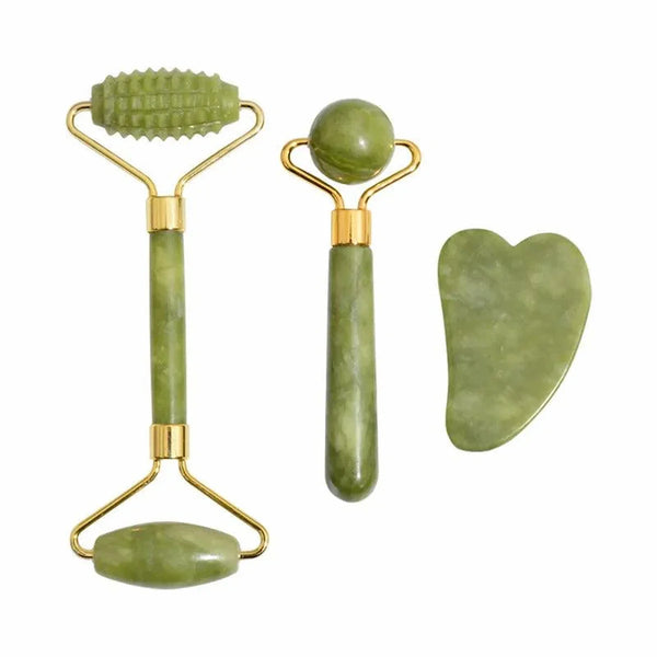 Coffret 3 pièces rouleau de jade et Gua Sha pour routine beauté visage