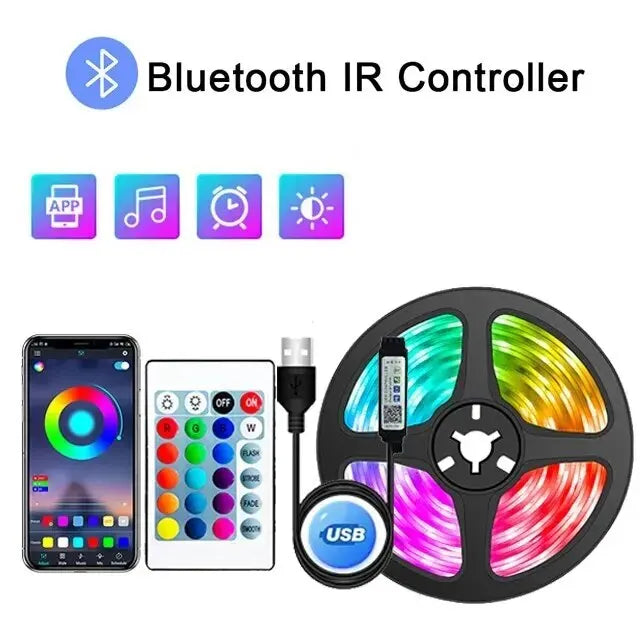 Ruban LED RGB 5050 Bluetooth LUNO Welfare — bande lumineuse multicolore, contrôle app et télécommande, mode musique